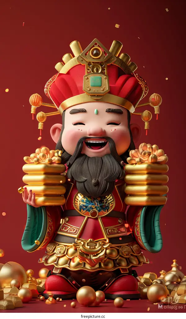 A 3D illustration of a Chinese God of Wealth