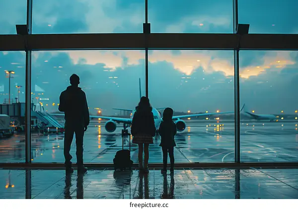 Family of three at the airport looking at airplanes through a window