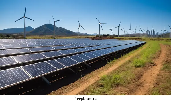 A large solar farm with wind turbines in the background