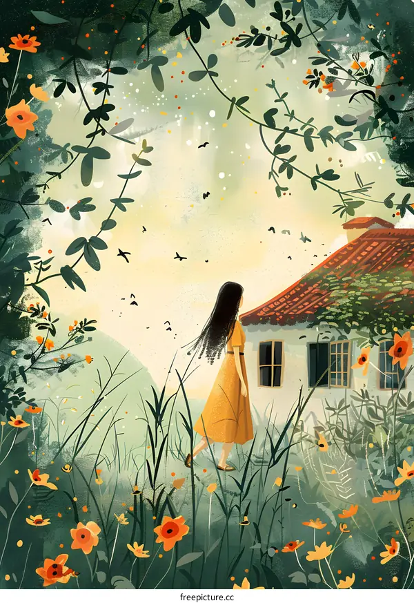 Woman Walking Through Garden with Yellow Flowers and House in Background