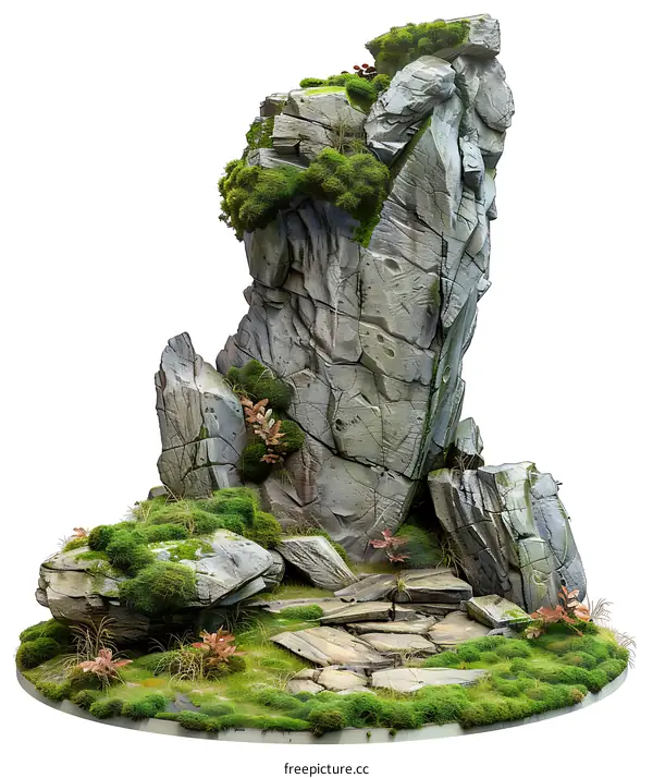 Stone Formation with Green Moss and Grass