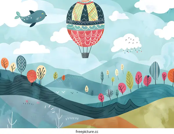 Hot Air Balloon Flying Over Colorful Hills