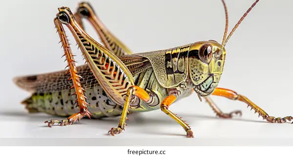 A green and brown grasshopper on a white background