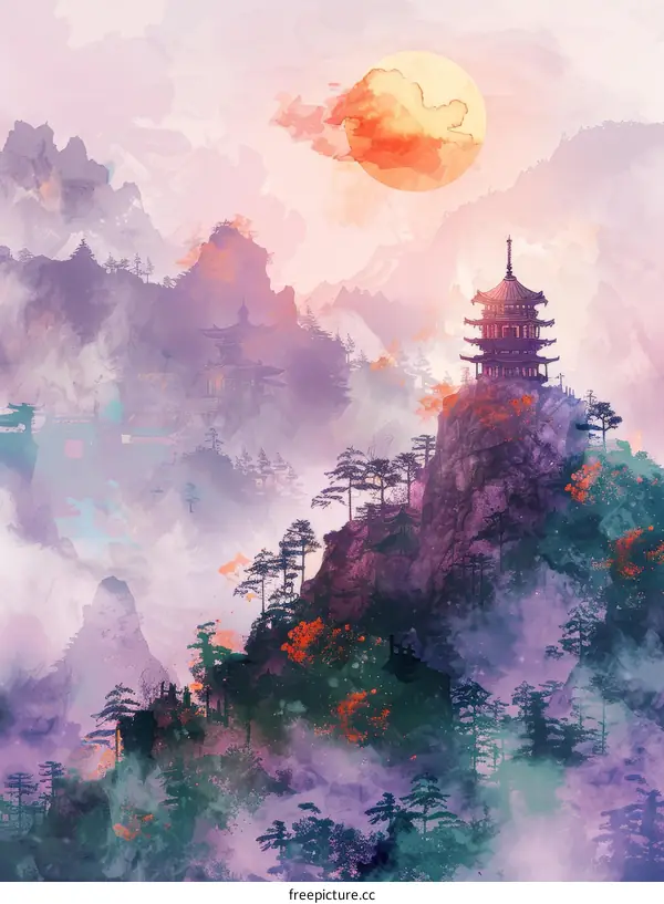 Misty mountain landscape with pagoda