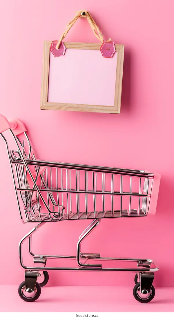 Pink Shopping Cart And Empty Frame On Pink Background