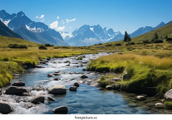A river flowing through a valley in the Swiss Alps