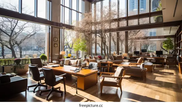 Modern office interior with large windows and wooden furniture