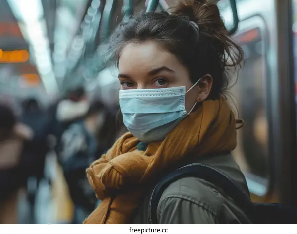 A young woman wearing a mask on a crowded train