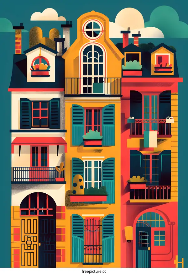 Colorful Illustration of European Style Building Facade