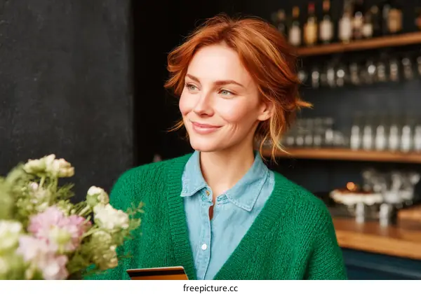 Woman in a cafe with flowers and card