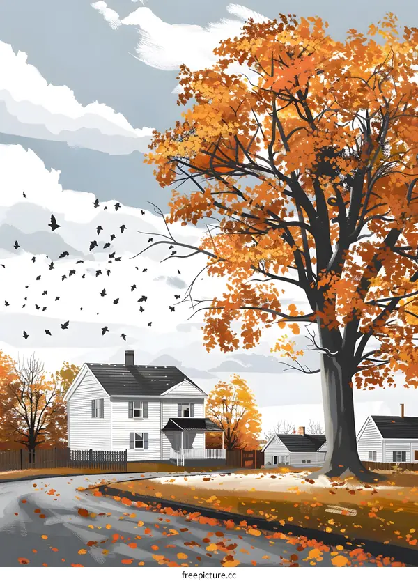 Autumn Leaves and Birds Flying over Houses Illustration