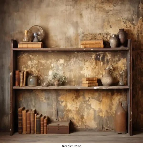 Vintage Bookshelf with Old Books and Mysterious Artifacts