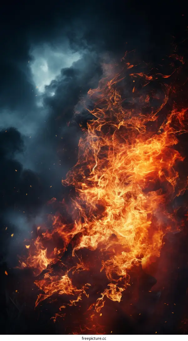 Fire and smoke billowing up into the night sky