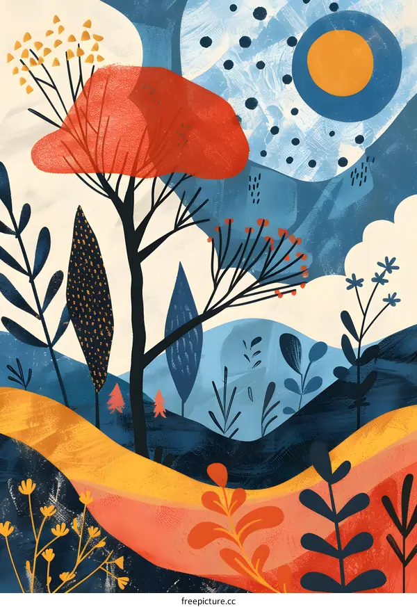 Abstract Landscape Painting With Trees and Flowers