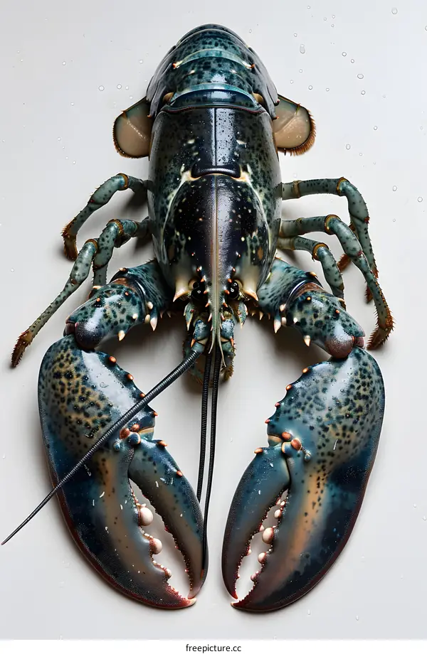 A large blue lobster sits on a white surface