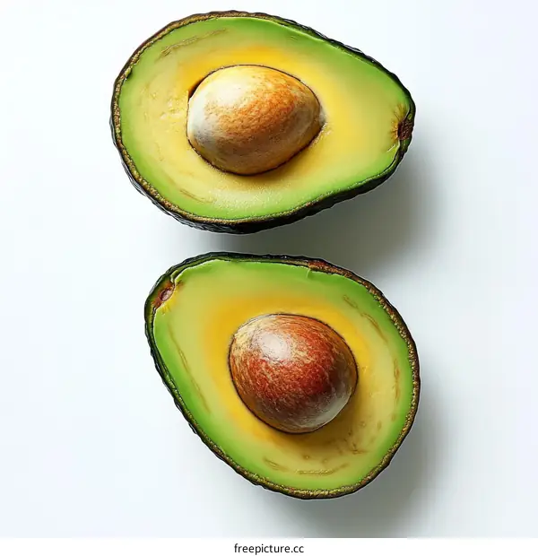 Freshly Sliced Avocado halves on white background