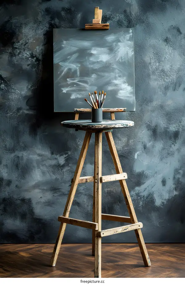 Vintage Wooden Easel with Paintbrushes on a Gray Wall Background