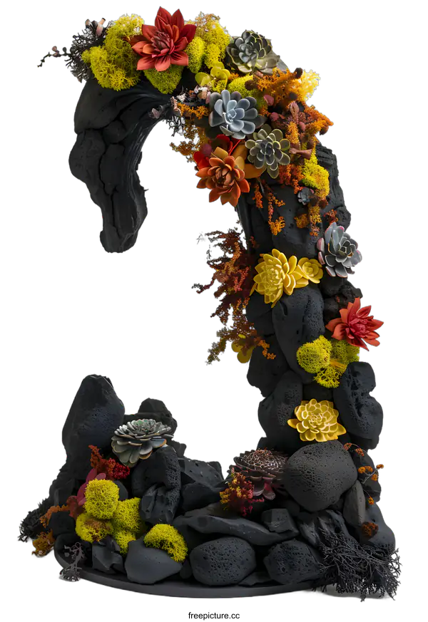 [Transparent Background PNG]Black Lava Rock Sculpture With Colorful Succulents