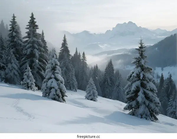 Snow-covered evergreen trees on mountain slope with distant peaks