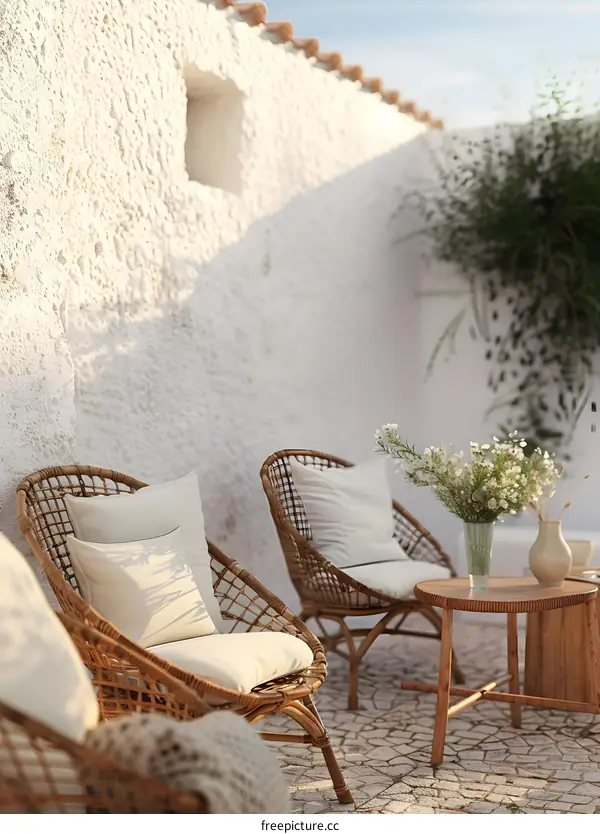 Rattan Chairs and White Wall in a Cozy Patio