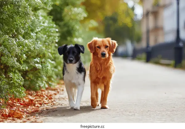 Two Dogs Walking on a Pathway in Autumn