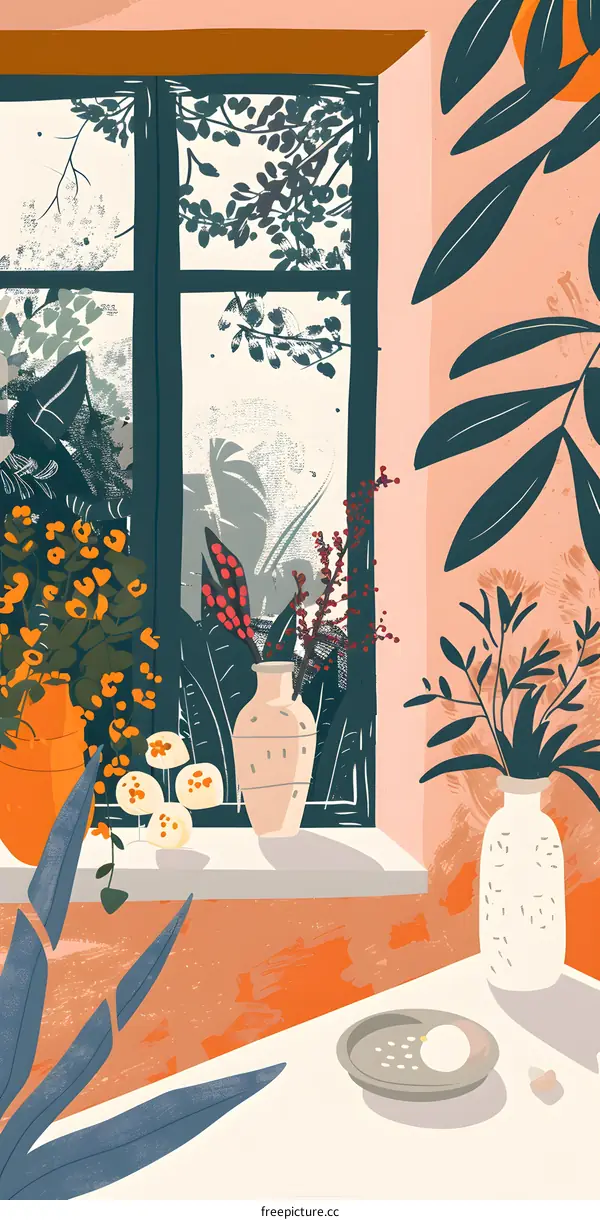 Window View with Plants and Vases