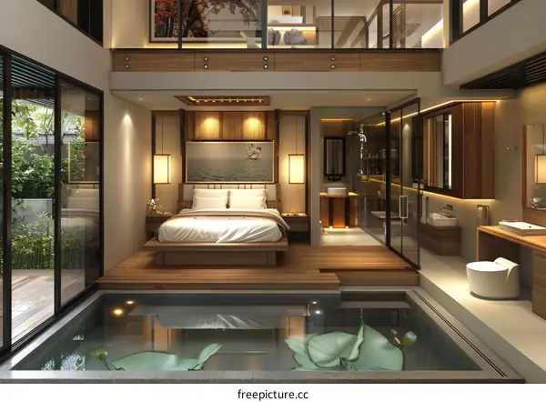 Modern Japanese-Style Bedroom with an Indoor Pool