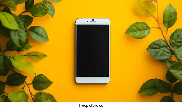 Flat Lay of White Smartphone with Green Leaves on Yellow Background