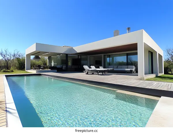 Modern White House with Swimming Pool and Deck