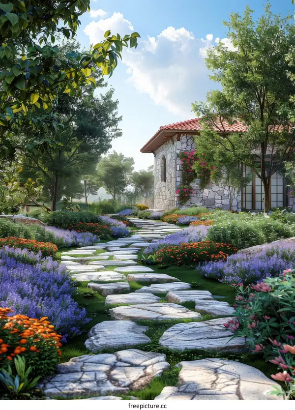 Stone path through a lush garden with a stone house in the background