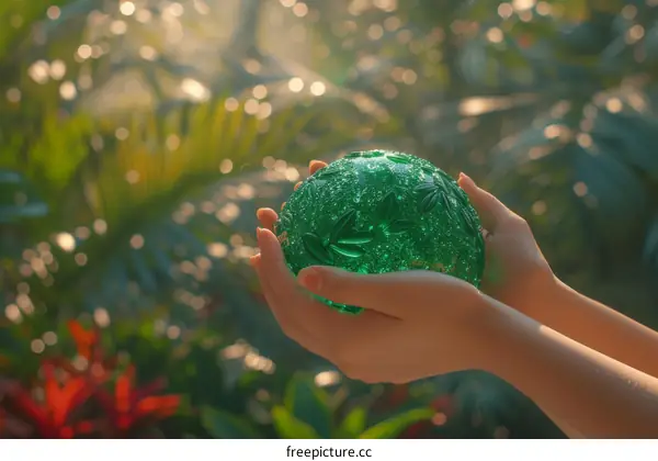 An illustration of a person holding a green glass ball in their hands