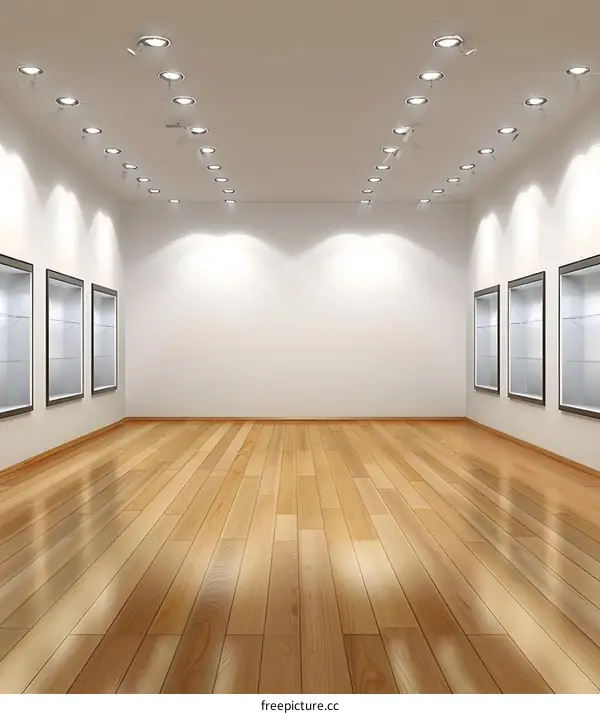 Empty Gallery Room with Wooden Floor and Spotlights