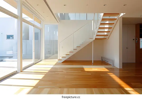 Modern House Interior Design With Wooden Stairs And Glass Railing