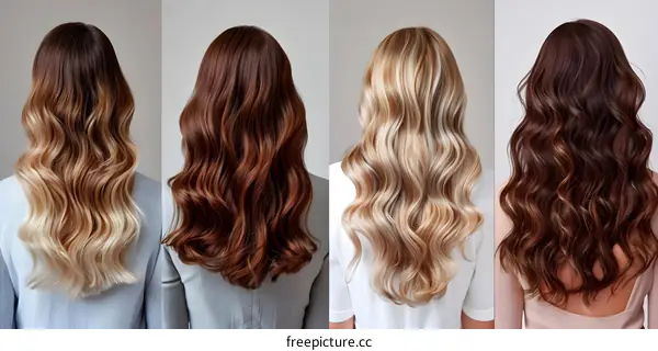 Four Different Hair Colors Long Wavy Hairstyles Back View