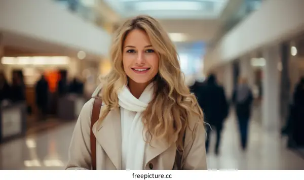 Portrait of a beautiful young blonde woman smiling in a shopping mall
