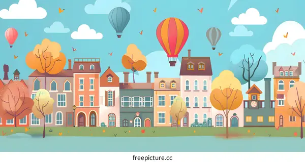 Autumn Town with Hot Air Balloons