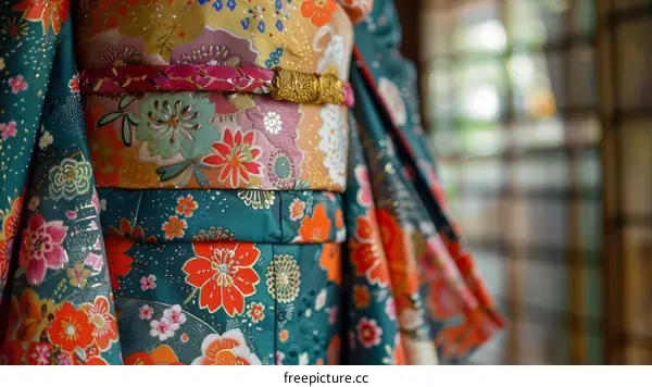Close Up of Traditional Japanese Kimono Fabric With Floral Pattern