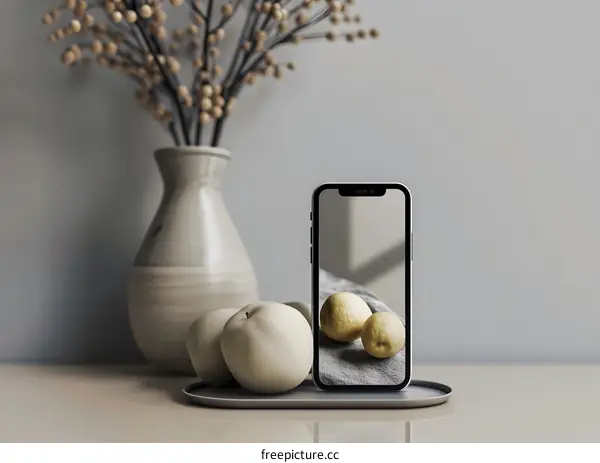 Modern Minimalist Still Life with Smartphone and Fruit