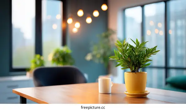 Modern Home Office Table with Plants and Warm Lighting
