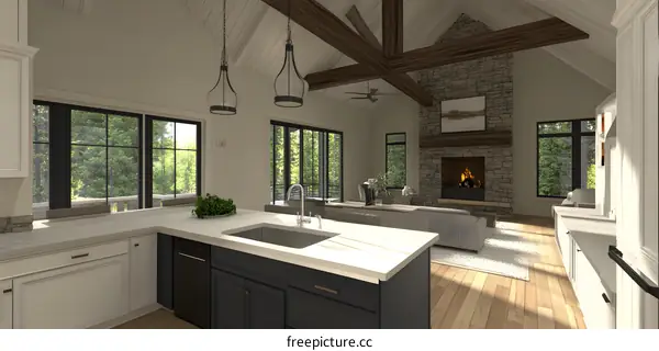 Modern Kitchen Design With Fireplace And Large Windows