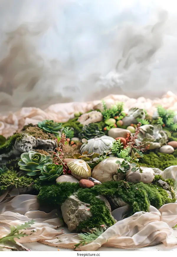 Green Moss Rocks and Shells on a Fabric Background