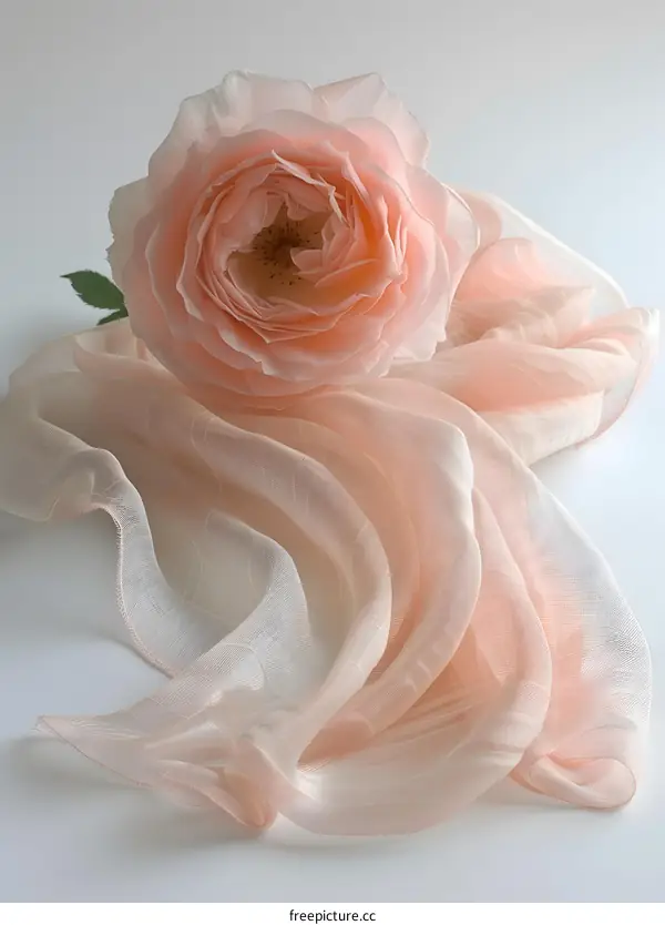 A beautiful pink rose lies on a wavy pink silk scarf