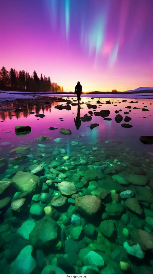 Aurora borealis over a rocky beach with a person standing on it