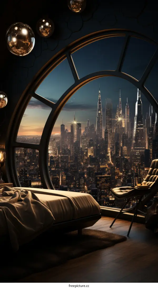 Futuristic city bedroom interior with large window
