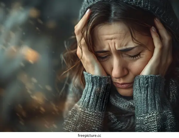 Portrait of a sad young woman with hands on her head
