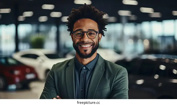 portrait of a smiling African-American man in a green suit jacket standing in a car dealership