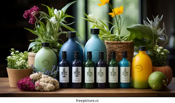 Still life of green and blue bottles with flowers