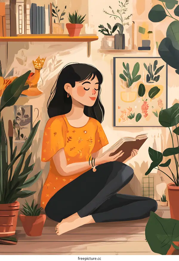 Woman Reading Book In A Room With Plants
