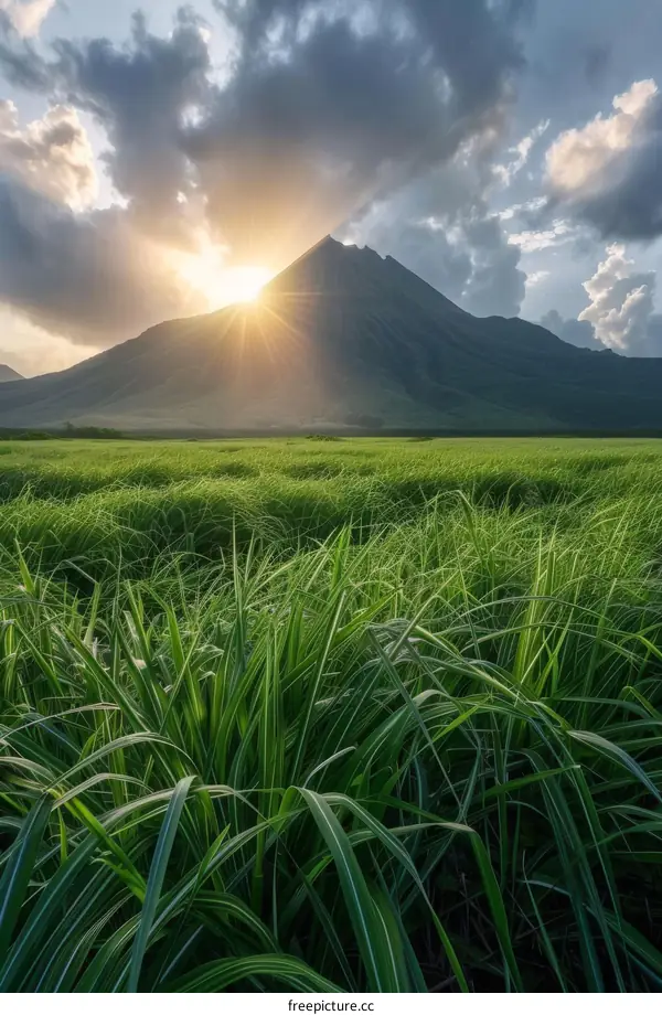 Sugarcane field with mountain and sunset in the background