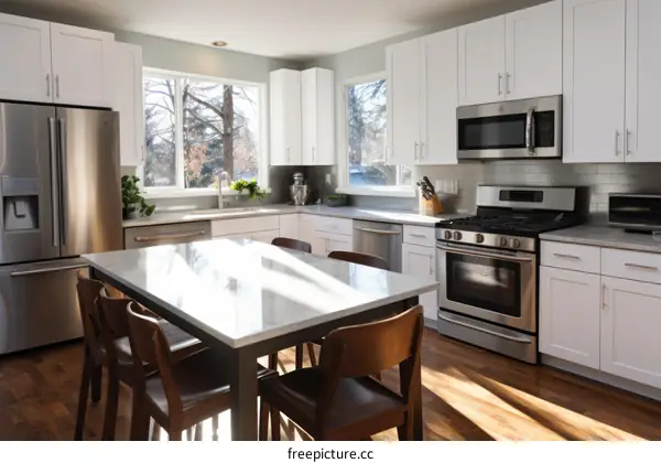 Modern White Kitchen with Stainless Steel Appliances